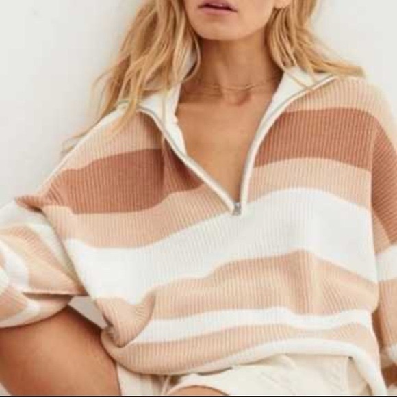 aerie Sweaters - Aerie Beyond Striped 1/4 Zip Pullover Sweater in a toasty combo color size med
